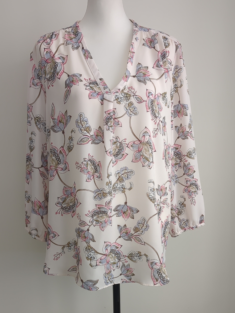 Adrienne Vittadini Ivory Floral Split V-Neck Long Sleeve Blouse Tunic XL